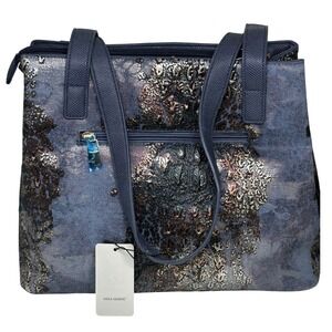 Karla Hanson Shoulder Bag Navy Blue Metallic‎ Reptile Print RFID Tassel 80106